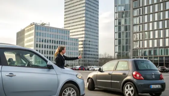 Autofahrerin will nach leichtem Parkplatzunfall wegfahren während andere Person sie aufhalten möchte