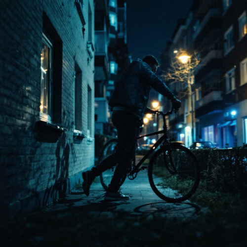 Betrunkener Mann schiebt sein Fahrrad vorsichtig an Hauswand entlang