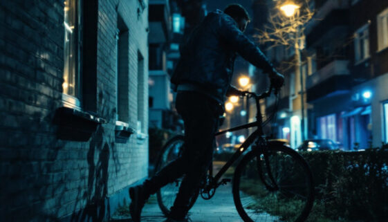Betrunkener Mann schiebt sein Fahrrad vorsichtig an Hauswand entlang