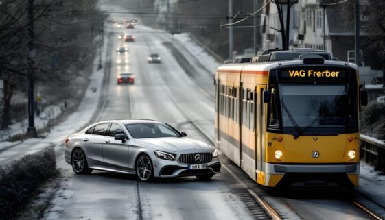 Auto biegt verbotswidrig links ab während Straßenbahn sich nähert