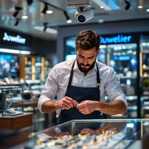 Mitarbeiter steckt Silberring an Verkaufstheke heimlich in Hosentasche