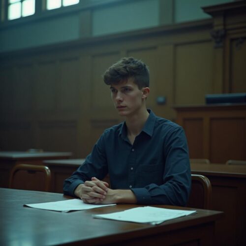 Jugendlicher vor Gericht, allein am Tisch, mit gesenktem Kopf und nervösem Händedruck, im leicht abgedunkelten Raum.