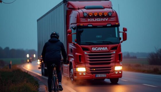 LKW überholt Radfahrer auf Bundesstraße mit gefährlich geringem Abstand.