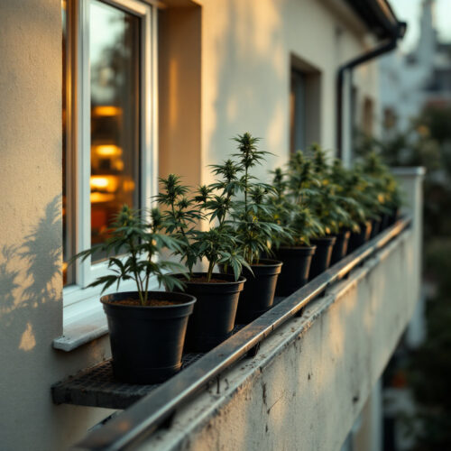 Sechs Cannabispflanzen in schwarzen Töpfen auf typischem deutschen Wohnbalkon