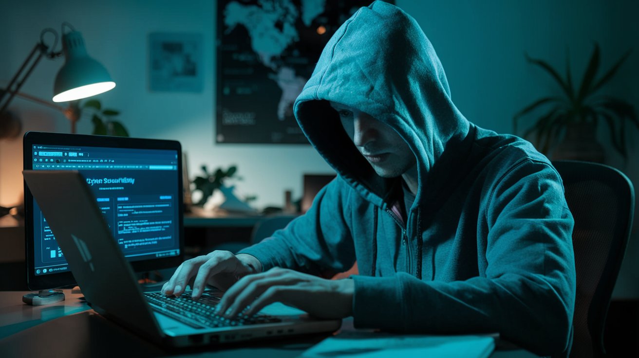 Identitätsdiebstahl im Internet: Junger Hacker sitzt vor Laptop und nutzt die Identitäten anderer Bürger für Straftaten wie Betrug.