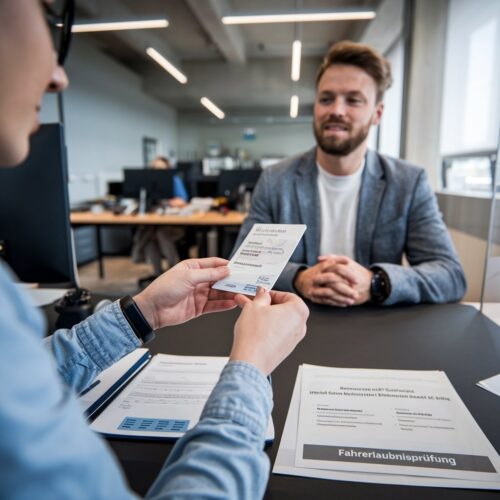 Prüfer untersucht ausländischen Führerschein in deutschem Büro.