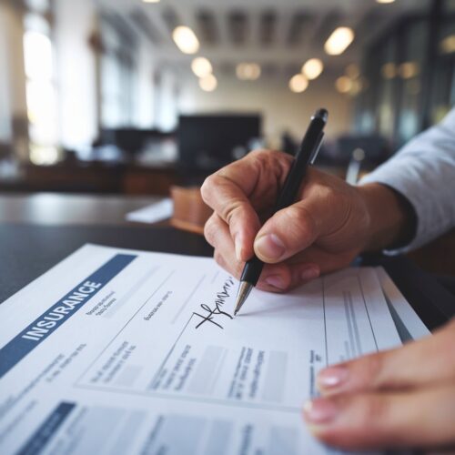 Hand unterschreibt gefälschten Versicherungsantrag mit falschem Namen.
