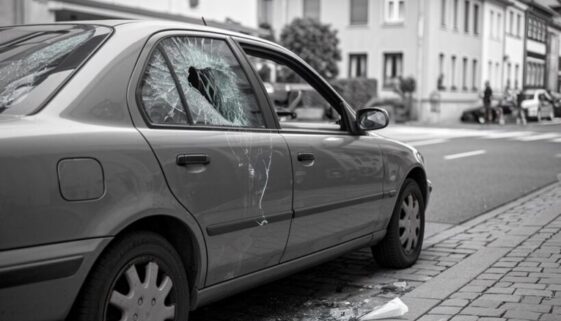 Zerschlagene Autoscheibe an einem geparkten älteren Auto auf deutscher Straße, Glassplitter liegen auf dem Boden.