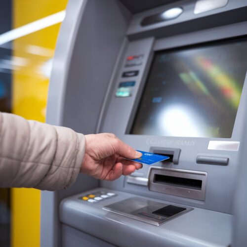 Ältere Hand führt EC-Karte in einen Geldautomaten in einer deutschen Bank ein.