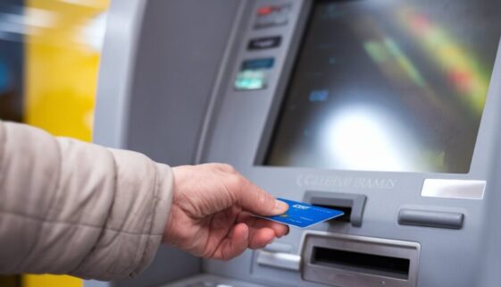 Ältere Hand führt EC-Karte in einen Geldautomaten in einer deutschen Bank ein.