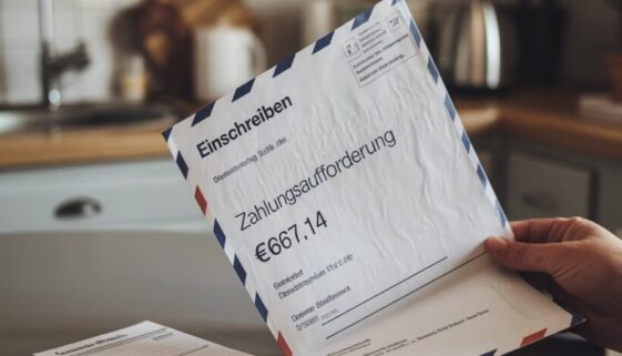 Eingeschriebener Brief mit Zahlungsaufforderung über 67,14 € auf einem Küchentisch.
