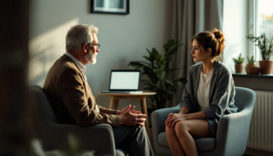 Therapieraum mit einem Mann und einer jungen Frau, die vor einem angespannten Gespräch sitzen.