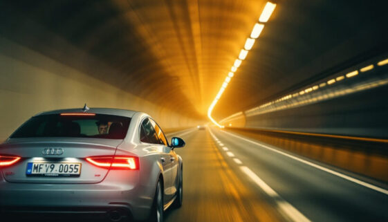 Aggressives Drängeln im Richard-Strauss-Tunnel: Ein Audi A5 folgt einem Fahrzeug dicht auf, Fahrer angespannt.