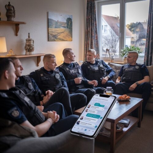 Off-duty Polizisten in Wohnzimmer, diskutieren WhatsApp-Nachrichten auf Smartphone, entspannte aber gespannte Atmosphäre.