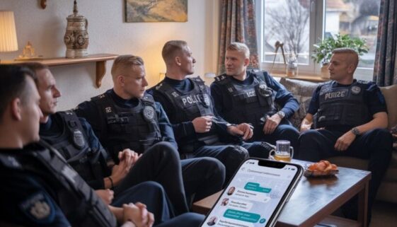 Off-duty Polizisten in Wohnzimmer, diskutieren WhatsApp-Nachrichten auf Smartphone, entspannte aber gespannte Atmosphäre.