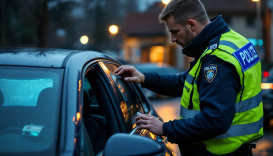 Polizist erklärt Fahrer Bluttest an deutscher Raststätte, Polizeiauto im Hintergrund.