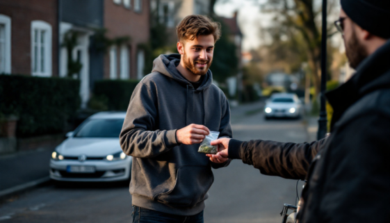 Junger Mann in Hamburg erhält eine Tüte mit Cannabis auf einer ruhigen Wohnstraße.Junger Mann in Hamburg erhält eine Tüte mit Cannabis auf einer ruhigen Wohnstraße.