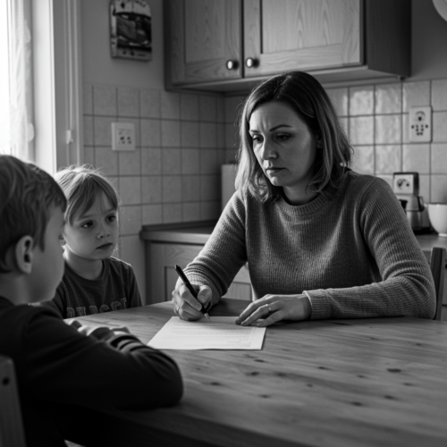 Mutter diskutiert angespannt rechtliche Dokumente mit ihrem Kind am Tisch in minimalistischer Küche.