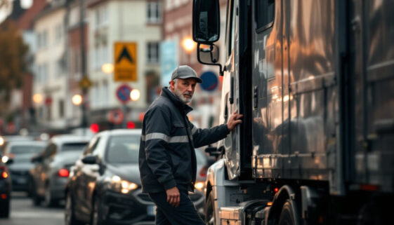 Mann in Arbeitskleidung verlässt unfreiwillig Unfallszene mit beschädigtem Lieferwagen in deutscher Stadt.