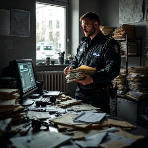 Polizeibeamter im unordentlichen Büro mit Case-Dateien und einem Paar Kopfhörer auf dem Tisch.