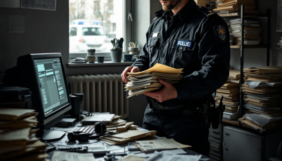 Polizeibeamter im unordentlichen Büro mit Case-Dateien und einem Paar Kopfhörer auf dem Tisch.