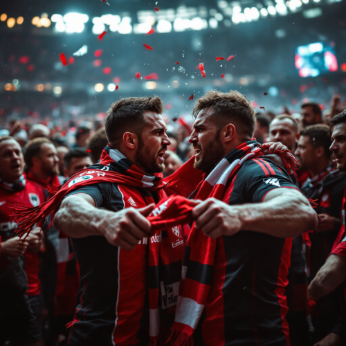 Zwei Eintracht Frankfurt-Fans konfrontieren sich nach dem Spiel, umgeben von überraschten Zuschauern.Zwei Eintracht Frankfurt-Fans konfrontieren sich nach dem Spiel, umgeben von überraschten Zuschauern.