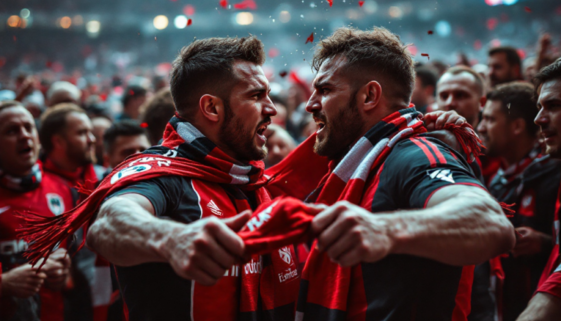 Zwei Eintracht Frankfurt-Fans konfrontieren sich nach dem Spiel, umgeben von überraschten Zuschauern.Zwei Eintracht Frankfurt-Fans konfrontieren sich nach dem Spiel, umgeben von überraschten Zuschauern.