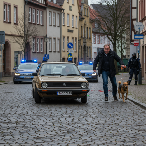 Polizeiauto verfolgt flüchtenden Fahrer, während ein Fußgänger mit Hund ausweicht. Dramatische Szene in deutscher Stadt.