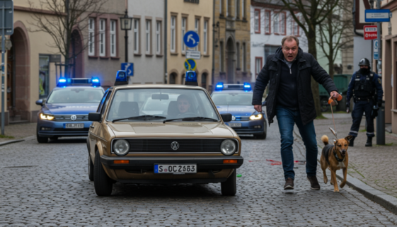 Polizeiauto verfolgt flüchtenden Fahrer, während ein Fußgänger mit Hund ausweicht. Dramatische Szene in deutscher Stadt.