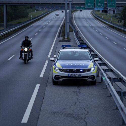 Polizeiauto auf der Autobahn, Motorradfahrer in Lederkleidung fährt auf der linken Spur.