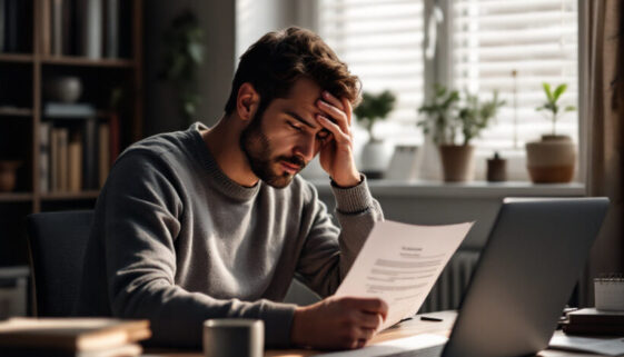Mann sitzt in heimischem Büro, hält Krankmeldung und schaut besorgt auf Laptop mit leeren E-Mail-Entwurf.