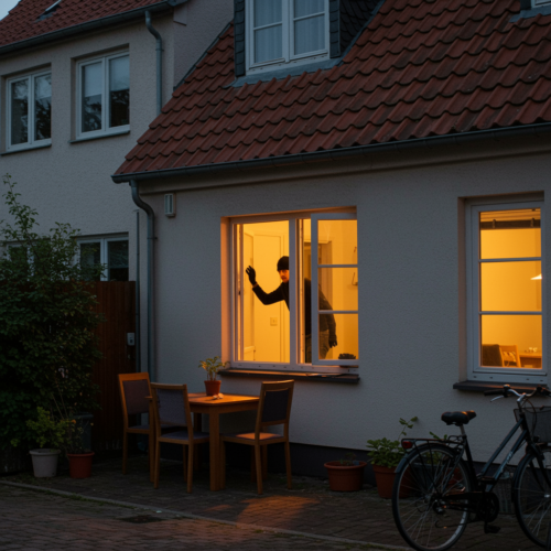 Ein Burglär bei Einbruchversuch durch ein offenes Fenster in einem deutschen Reihenhaus.