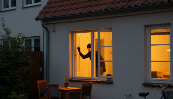 Ein Burglär bei Einbruchversuch durch ein offenes Fenster in einem deutschen Reihenhaus.