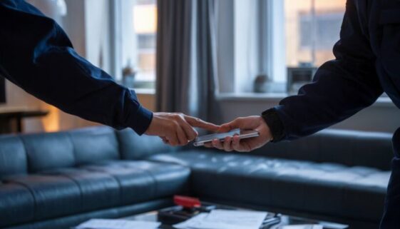 Polizist drückt Verdächtigen Finger auf die Fingerabdrucksensor eines Smartphones in einer modernen Wohnung.