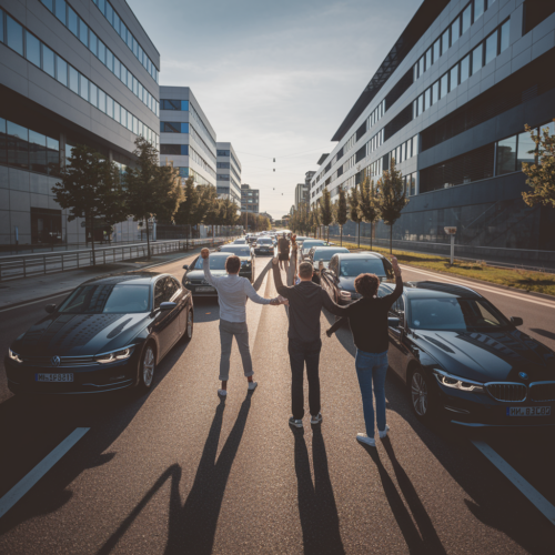 Klimaaktivisten kleben auf einer deutschen Straße, wodurch der Verkehr zum Stillstand kommt. Autofahrer zeigen Verwirrung.