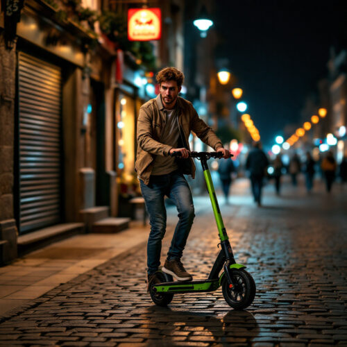 Junger Mann auf einem E-Scooter auf Kopfsteinpflaster, wirkt unsicher; abends, schwaches Licht, Fußgänger im Hintergrund.