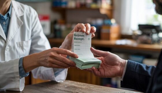 Apotheker übergibt grüne Rezepte an zivil gekleidete Person bei Berliner Apotheke, symbolisiert rechtliche & Betrugsfrage.