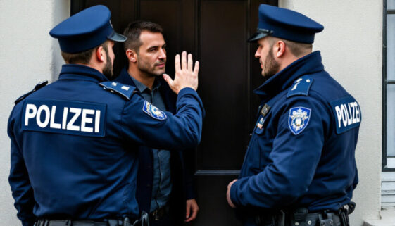 Polizei Betretungsverbot vor Haus: Mann wird an Zutritt gehindert. Hausdurchsuchung, Rechtmäßigkeit, Corona-Betrug.