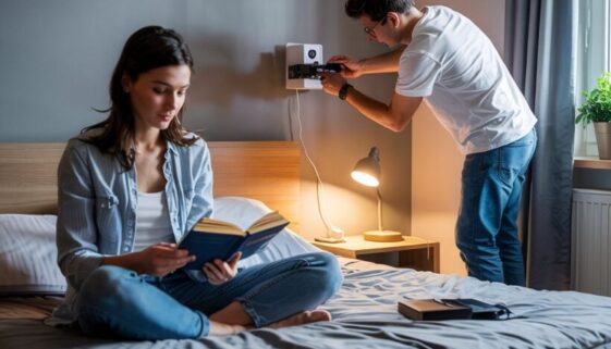 Heimliche Videoüberwachung: Mann installiert Kamera im Zimmer.