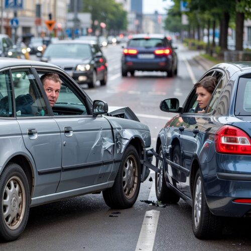 Autofahrer fährt nach Unfall mit beschädigtem Fahrzeug auf Stadtstraße weg, Unfall mit geschockter Fahrer im Gegenfahrzeug.