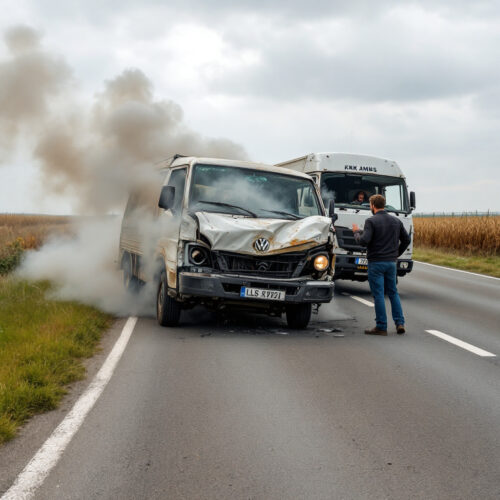 Unfall auf Landstraße: beschädigte Fahrzeuge, Fahrer in Not, Rauch, Unfallursache und Hilfslosigkeit sichtbar.