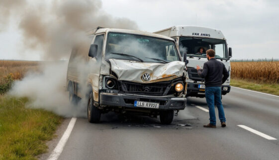 Unfall auf Landstraße: beschädigte Fahrzeuge, Fahrer in Not, Rauch, Unfallursache und Hilfslosigkeit sichtbar.