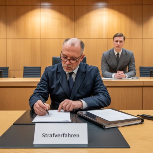 Anwalt schreibt Einspruch im Landgericht Köln neben skeptischem Staatsanwalt auf juristische Dokumente.