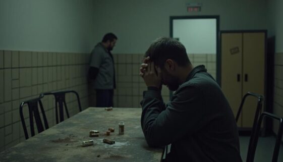 Beschuldigter beugt sich über schmutzigen Tisch mit Betäubungsmitteln, im Hintergrund Bewährungshelfer.