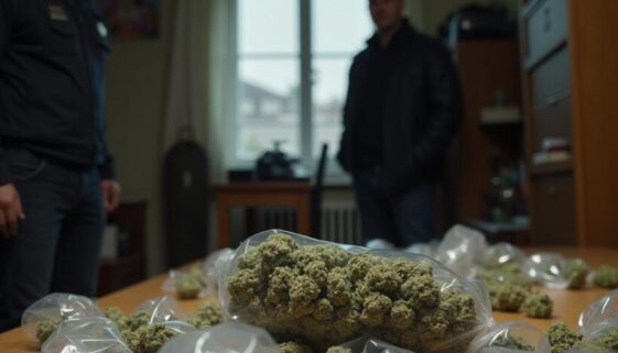 Polizist bei Durchsuchung einer chaotischen Wohnung mit Cannabis, Waage und Tütchen