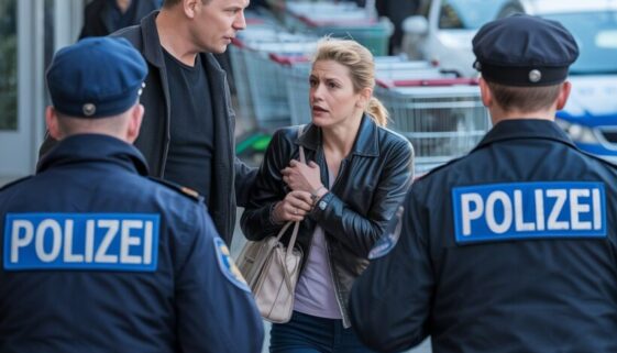 Aggressive Person bedroht Frau vor Supermarkteingang, Polizisten eilen zur Hilfe