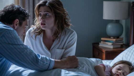 Frau erwacht schockiert im Schlafzimmer, Mann beugt sich drohend über sie, Kind schläft.
