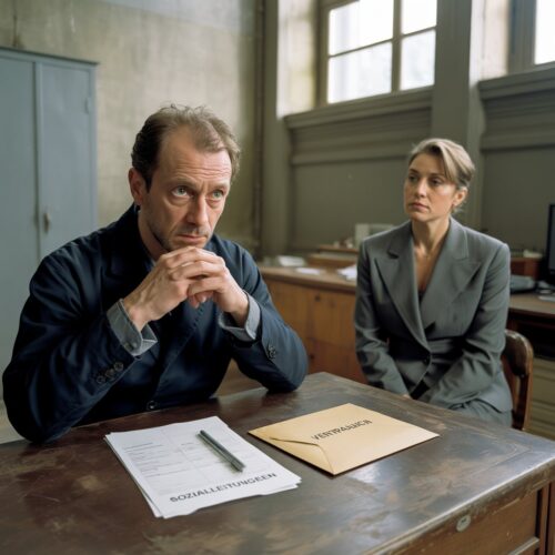 Mann im Verwaltungsbüro bei Antrag auf Sozialleistungen, angespannt, mit Umschlag und Formular