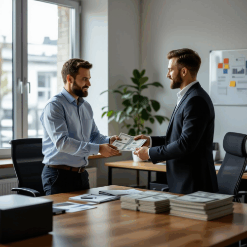 Mann übergibt Geld in schlichtem Büro an Bevollmächtigten, Symbol für Geldübergabe nach Haftentlassung bzw. Streit um Vermögen.