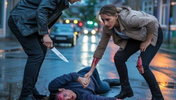 Angreifer mit Messer über Opfer, Zeugin versucht schützend zu intervenieren, Verletzungen sichtbar
